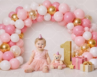 First Birthday Girl Digital Backdrop, One Year Cake Smash Balloon Arch, White & Pink Birthday Photography Background, Instant Download