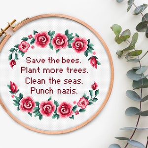 Kreuzstichvorlage Pdf mit Text Save the bees Plant mehr Bäume Säubere die Meere Modern Subversiv Sarkastisch Stickvorlage