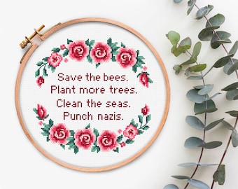 Quote Cross Stitch pattern Pdf with text Save the bees Plant more trees Clean the seas Modern Subversive Sarcastic cross stitching chart