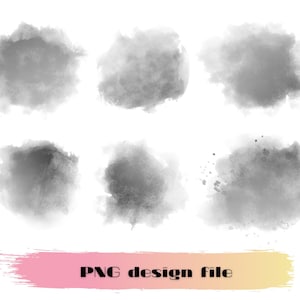 May include: Six grey watercolour brushstrokes on a white background. The brushstrokes are different sizes and shapes. The text "PNG design file" is at the bottom of the image.