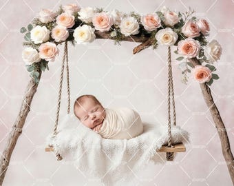Newborn Photography Digital Backdrop, Baby in Pink Flower Basket, Spring Floral Composite, Photoshop Overlays, Photography Backgdrop