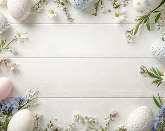 Easter Flat Lay Background, Painted Easter Eggs & Floral Design, Styled Stock Photography, Add Your Own Products, Festive Easter Mockup