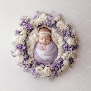 Newborn Photography Digital Backdrop, Baby in Pink Flower Basket, Spring Floral Composite, Photoshop Overlays, Photography Backgdrop