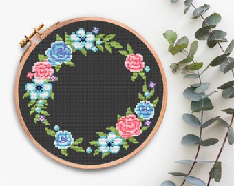 Cross Stitch Floral Border, Wreath Cross Stitch patten PDF, Flower border xstitch, floral wreath cross stitch design, modern embroidery