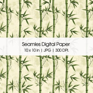 May include: Seamless digital paper pattern featuring a repeating design of green bamboo stalks on a light beige background. The pattern is 10 inches by 10 inches and is 300 DPI.