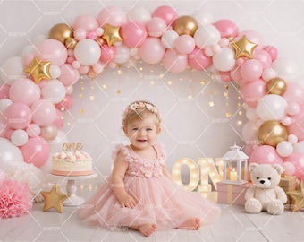 First Birthday Girl Digital Backdrop, Pink Balloon Arch, Cake Smash Photography (Instant Download)