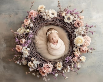 Newborn Photography Digital Backdrop, Baby in Pink Flower Basket, Spring Floral Composite, Photoshop Overlays, Photography Backgdrop