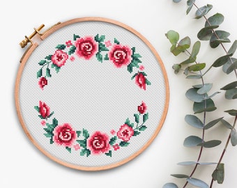 Floral Wreath cross stitch pattern PDF Modern cross stitch chart Flower Border Easy cross stitching Flowers Needlepoint Design xstitch