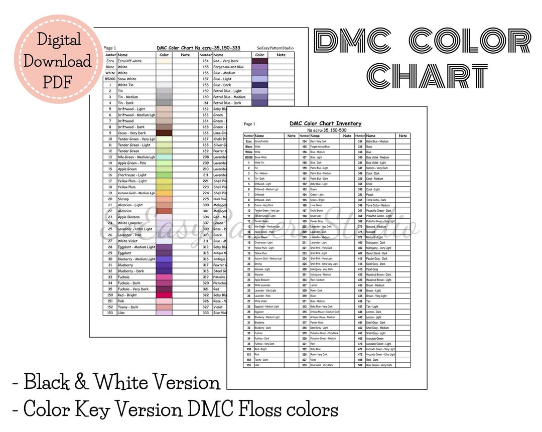 DMC Floss Color Chart PDF Download File DMC Threads Color Shade Chart for  Cross Stitch Thread 