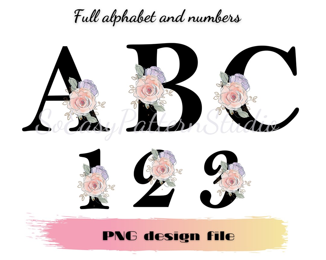 Floral Alphabet Clipart, Monogram Letters Ana Numbers With Watercolor ...