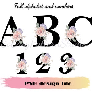 Floral Alphabet Clipart, Monogram Letters Ana Numbers With Watercolor ...