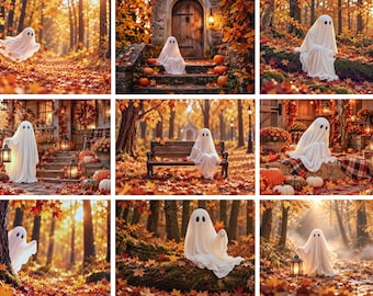 Set of 9 Halloween Ghost Photography Backdrops, Fall Forest Photo Backgrounds, Autumn Ghost Digital Backdrop, Spooky Halloween Photo