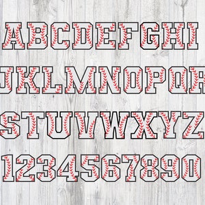 May include: Baseball-themed alphabet and numbers with white letters and red stitching on a white background.