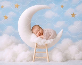 Toile de fond numérique photographie nouveau-né, croissant de lune blanc, fond pour studio de bébé, composite lune et étoiles, toile de fond photographie numérique