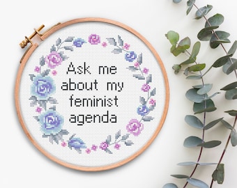 Chiedimi informazioni sulla mia agenda femminista Citazione Schema punto croce Schema punto croce femminista moderno Punto croce ghirlanda floreale File PDF sovversivo