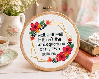 Cross Stitch Pattern with Funny Text Well Well Well If It Isn't The Consequences Quotes Sarcastic Sassy cross stitch chart Modern embroidery