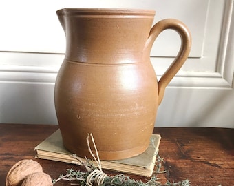 Large antique brown vintage French rustic water pitcher jug stoneware grès pottery handmade boho country nordic pottery