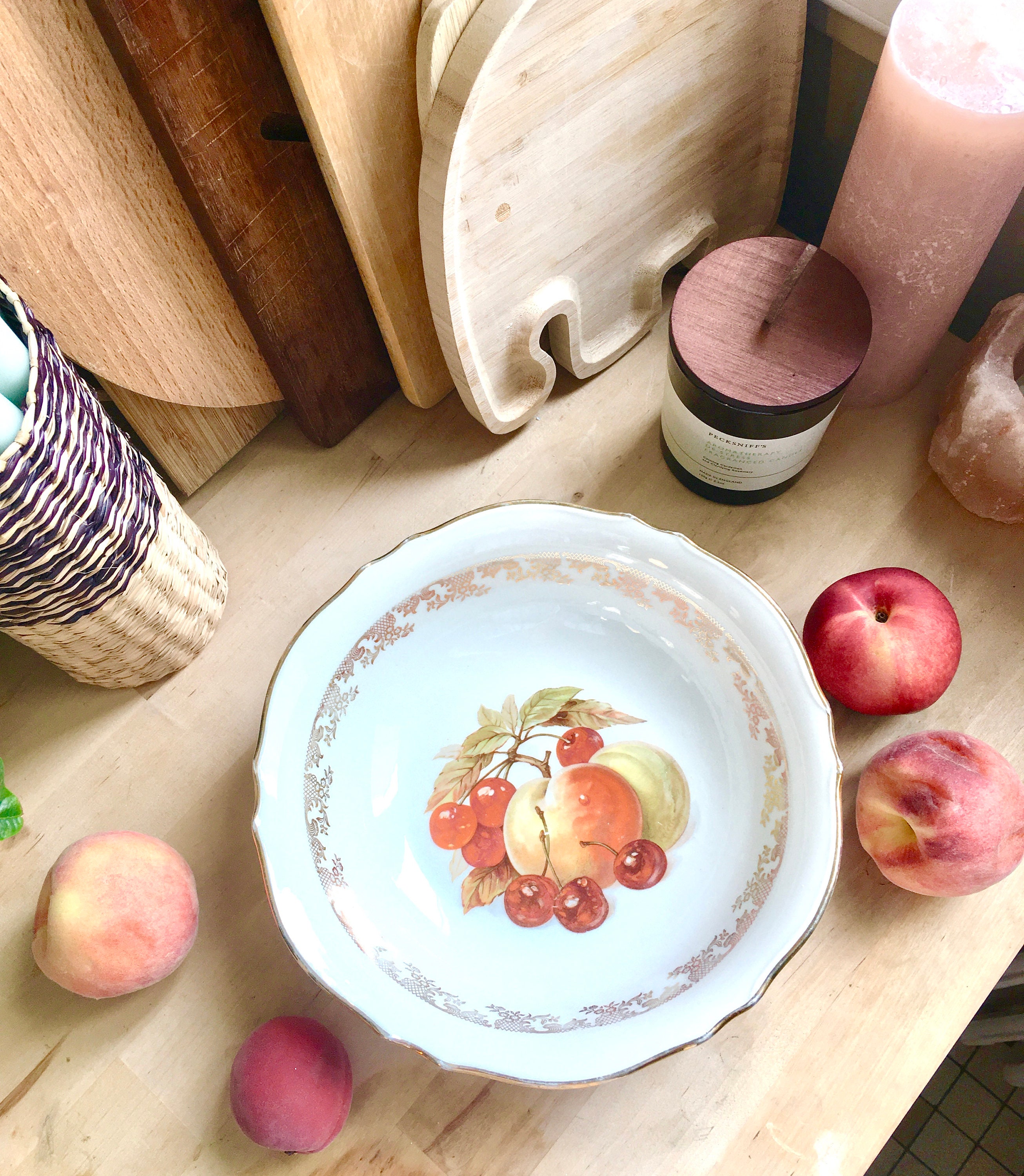 Vintage Français Élégant Dessert Aux Fruits en Porcelaine Saladier Assiette Pêches & Cerises Couleur