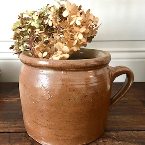 May include: A brown stoneware crock with a handle, filled with dried hydrangeas.