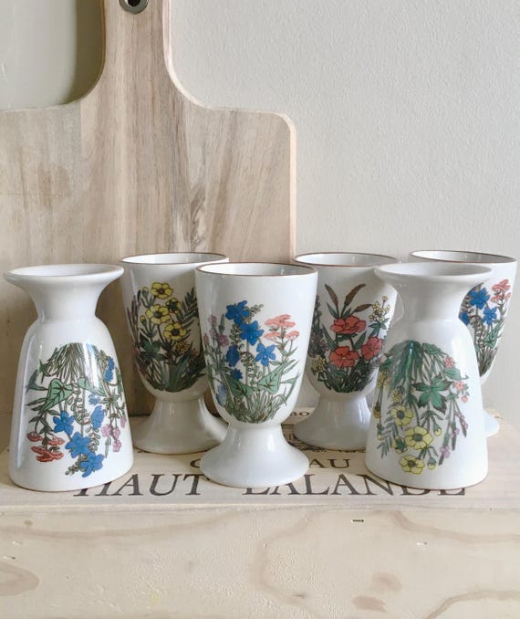 Lot De 6 Mazagrans Vintage En Grès, Décor Fleuri, Fabrication Française