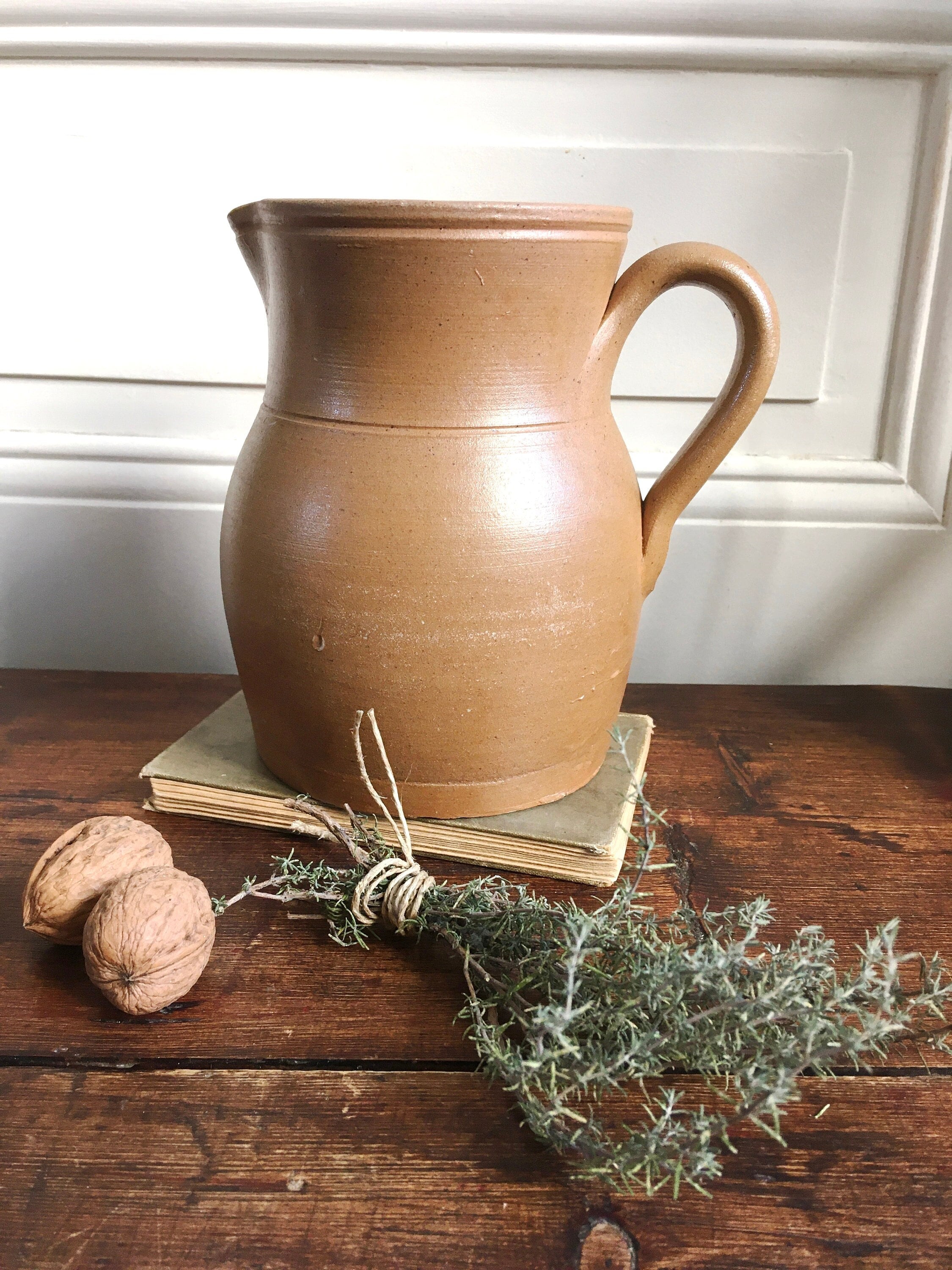 Large Antique Brown Vintage French Rustic Water Pitcher Jug