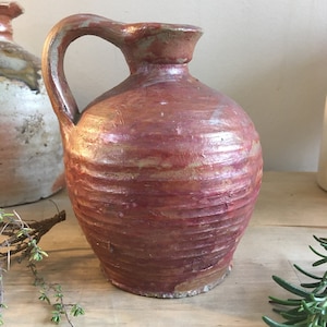 Small antique French crock pot wine olive oil pitcher jug red rust bronze tones