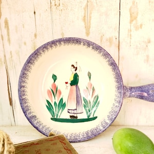 Faiança francesa vintage Quimper assinada à mão pintada à mão bretã pequena tigela de molho com alça