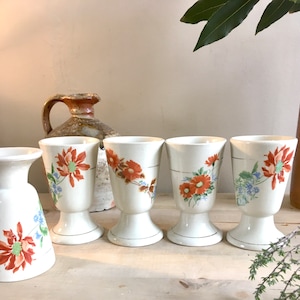 5 vintage mazagran cups in floral orange tones mismatched flowers