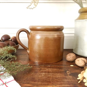 Rustic French antique confit pot rillettes grease pot brown glazed stoneware grès country kitchen farmhouse decor