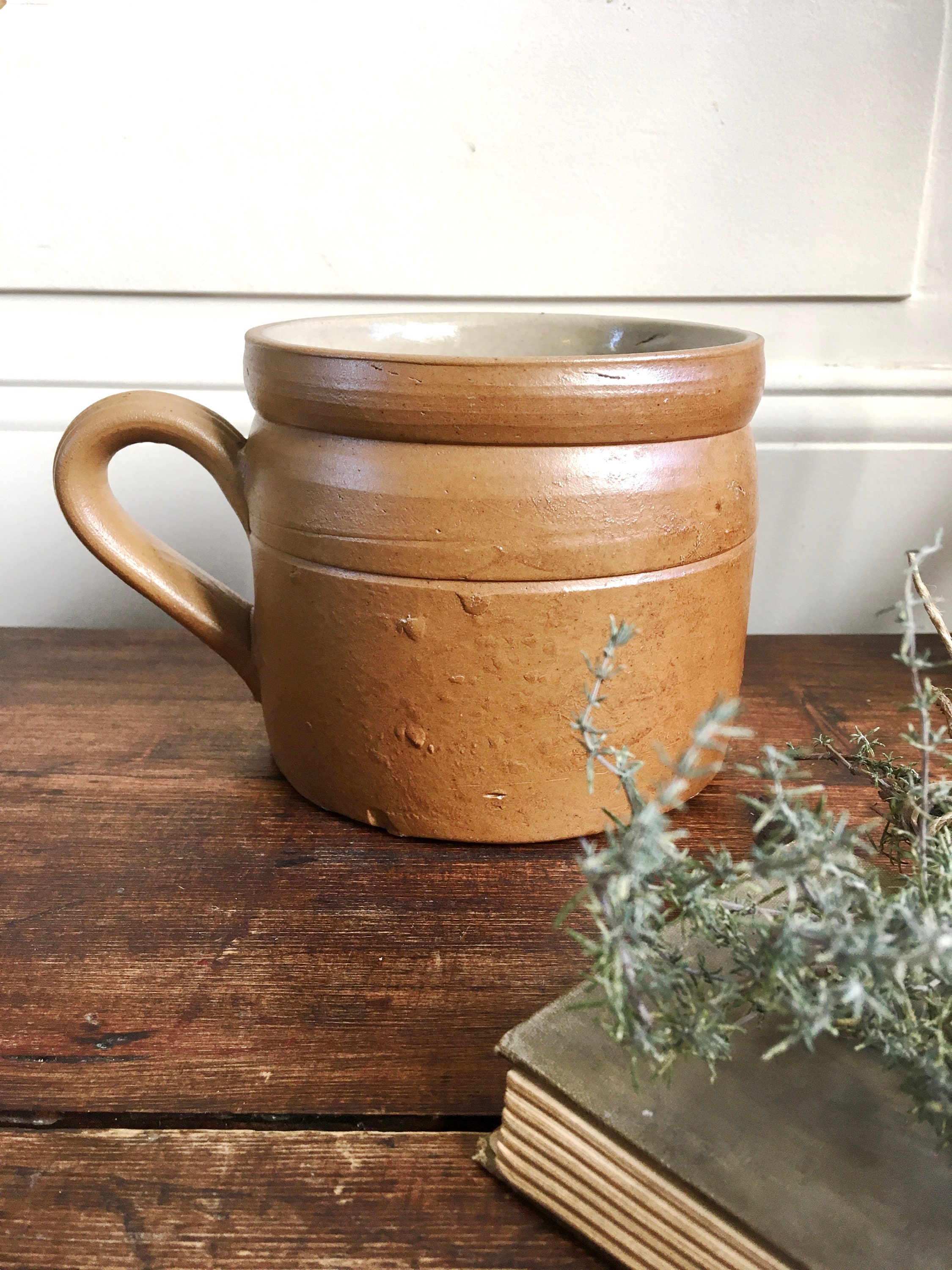 Français Antique Vintage Rustique Brun Confit Canard Rillette Pot, Graisse, Émaillé Grès Cuisine Fra