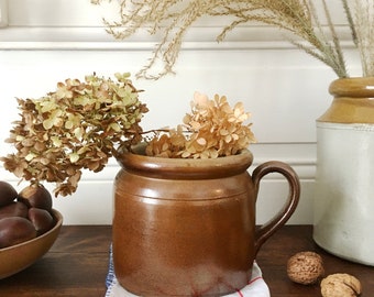 Rustic French antique rillette grease confit pot brown glazed stoneware grès country kitchen farmhouse decor