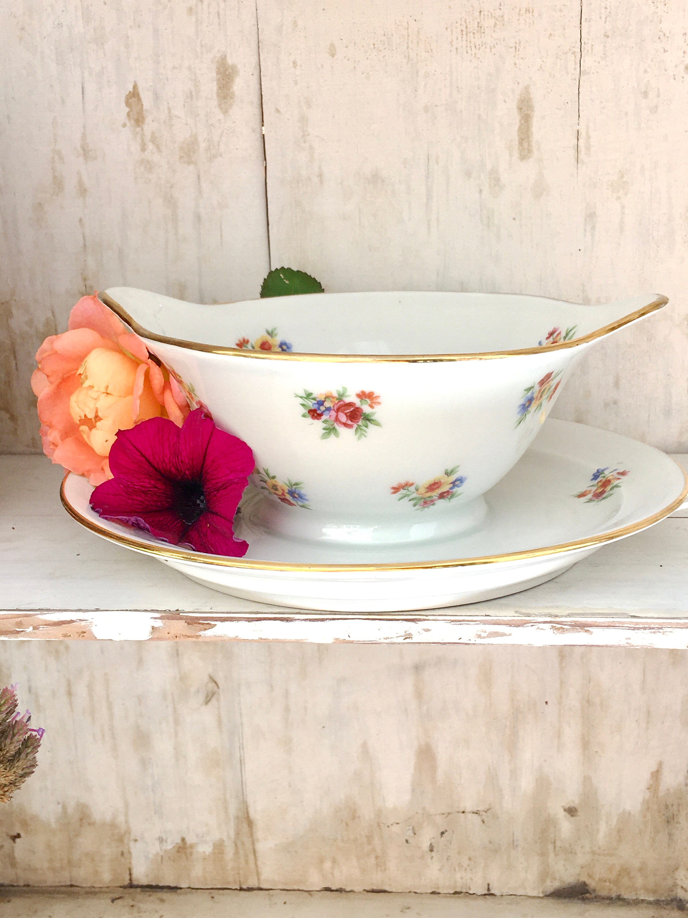 Vintage Français Pillivuyt France Eva' Saucière Sauce Bol Bateau Ditsy Roses Shabby Chic Country Bou