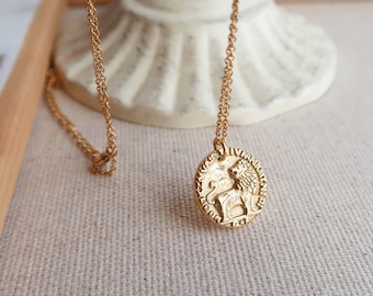 necklace / 18K Gold Lion Coin Pendant Necklace • Lion Pendant Necklace • Gold Pendant Titanium Necklace • Gift for Her • Vintage Necklace