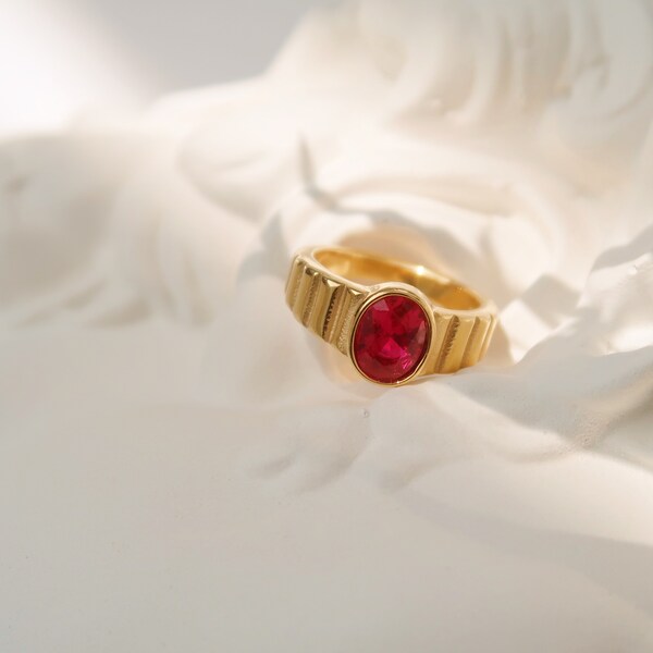 ring / 18K Gold Red Ring • Red Statement Ring • Gold Dome Band • Red Ring • Simple Red Ring • Stackable Gold Red Ring • Minimal Ring