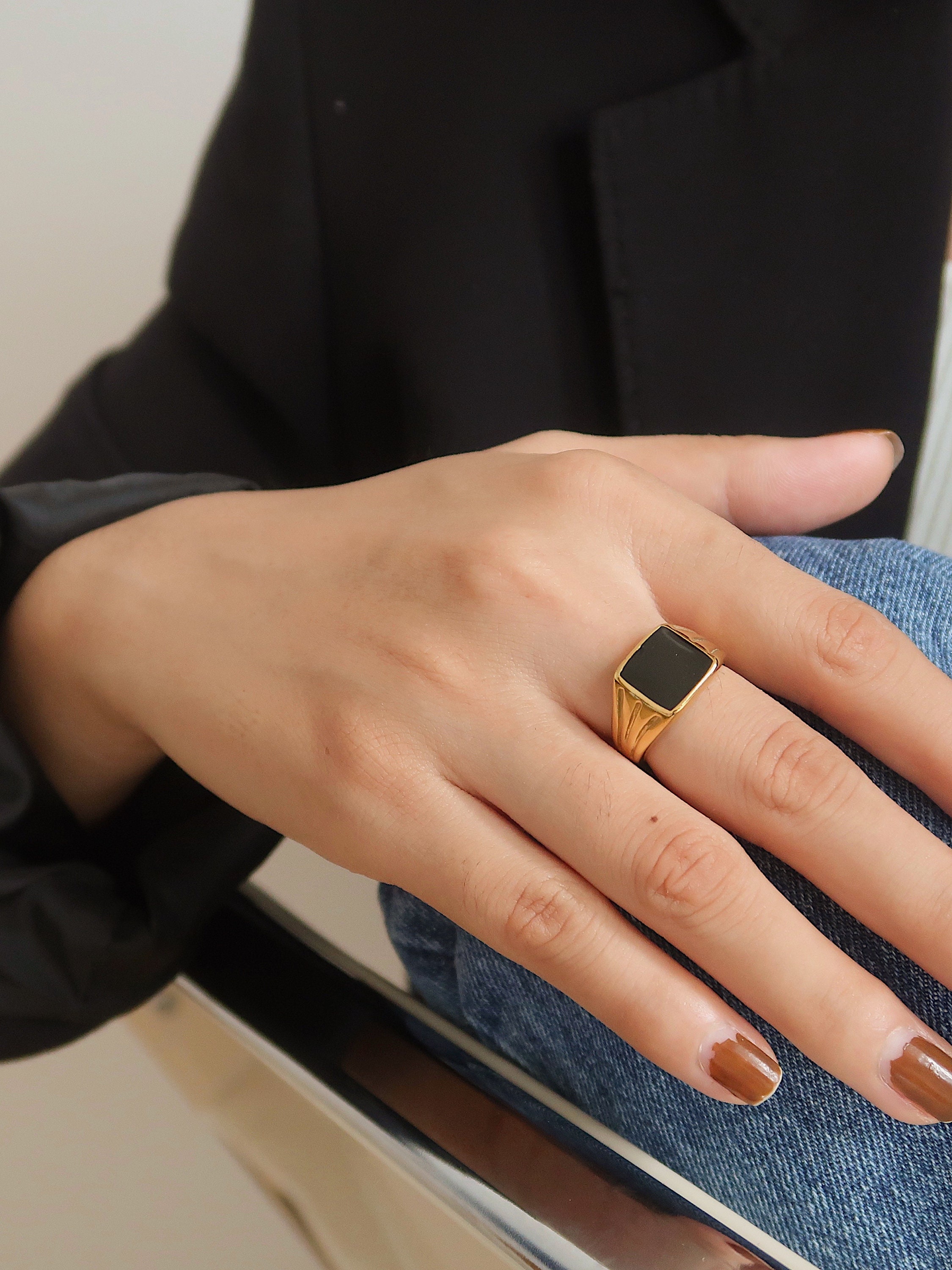 Ring / 18K Gold Black Ring Black Statement Ring Gold Dome Etsy Australia