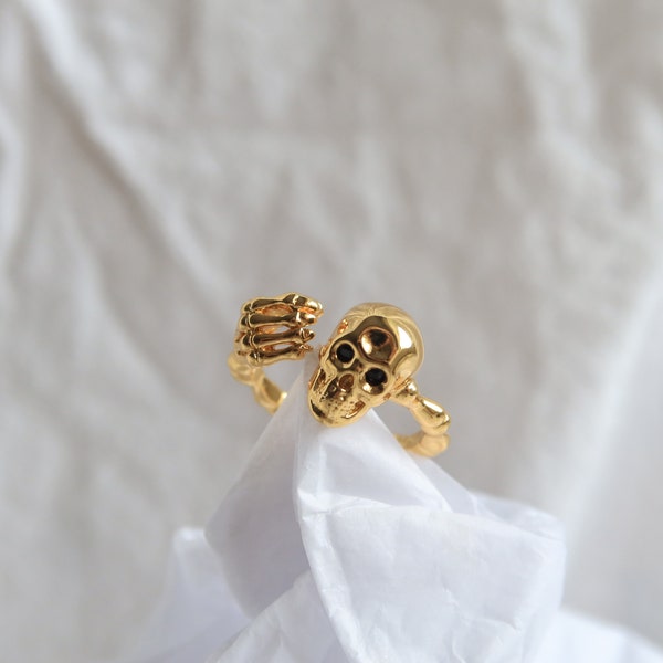 ring / 18K Gold Skull Ring • Dainty Adjustable Chic Open Ring • Unusual Gold Ring • Cool Goth Ring • Punk Gothic Stacking Ring