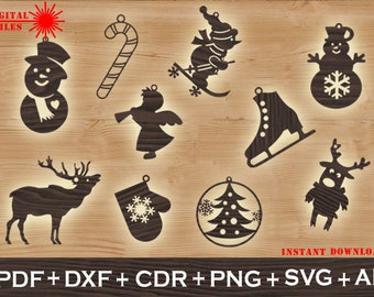Set di 10 ornamenti natalizi in formato SVG, file di decorazione CNC, ornamenti natalizi in formato SVG, file cnc vettoriale, file deco tagliato al laser, SVG, Dxf, Pdf, Ai