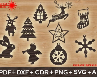 Set of 10 Christmas ornament svg,  Decoration file CNC, Christmas Ornaments SVG , Vector cnc file, laser cut file deco, SVG, Dxf, Pdf, Ai