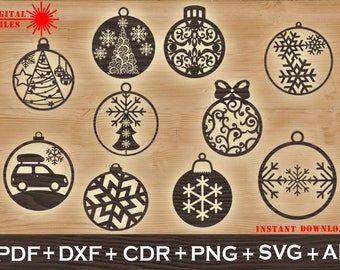 Set of 10 Christmas ornament svg,  Decoration file CNC, Christmas Ornaments SVG , Vector cnc file, laser cut file deco, SVG, Dxf, Pdf, Ai