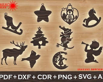 Set of 10 Christmas ornament svg,  Decoration file CNC, Christmas Ornaments SVG , Vector cnc file, laser cut file deco, SVG, Dxf, Pdf, Ai