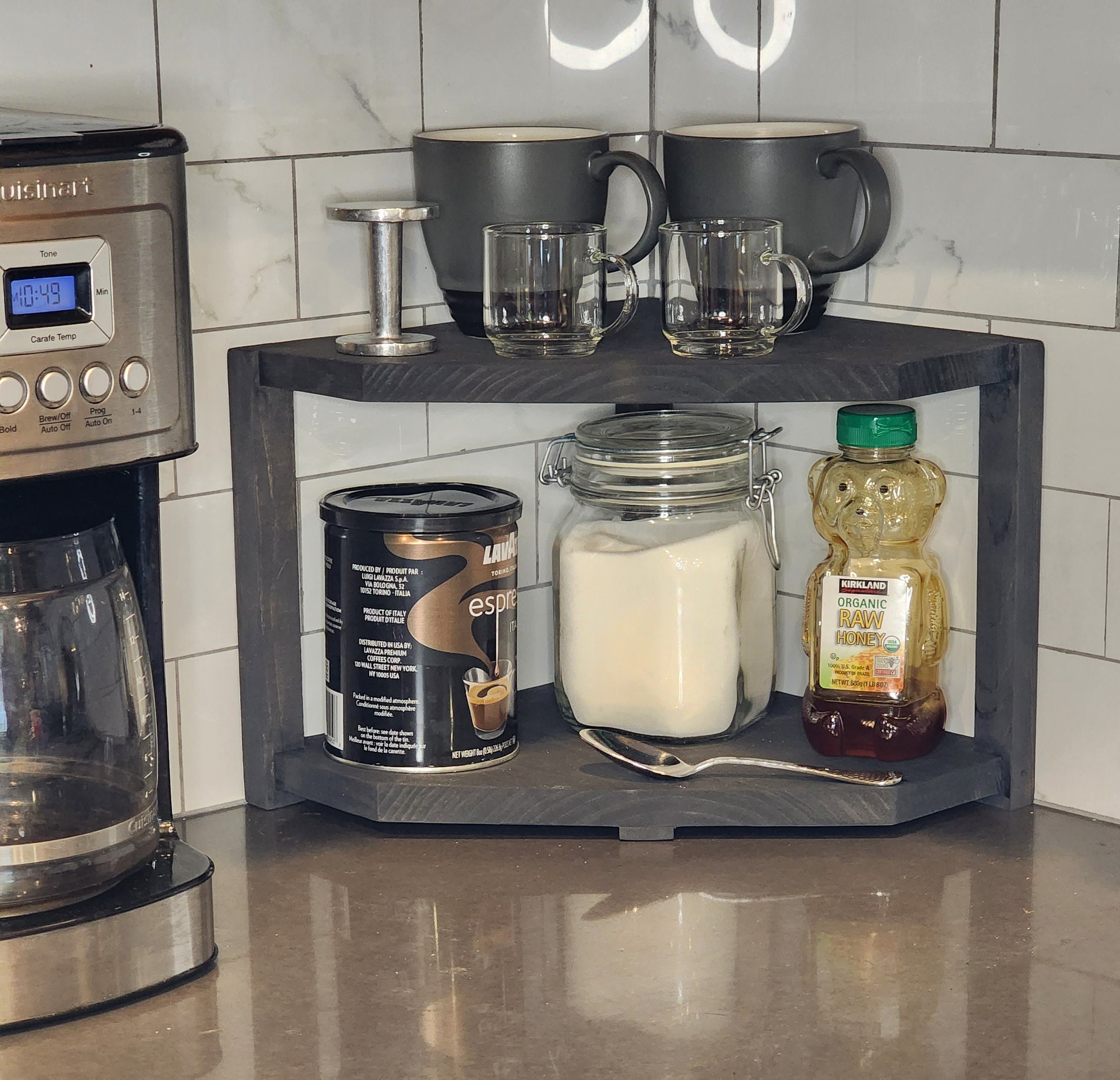 Kitchen Counter Shelf Coffee Organizer Counter Caddies™ BARISTA Theme  CORNER Shelf W/ K-CUP Holder Trash Can Insert -  Israel