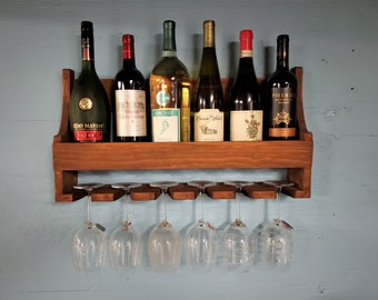 Houten wijnrek voor aan de muur - met glazenhouder en VINO-opschrift - Black Shabby - volledig gemonteerd - Plank voor wijnflessen - België
