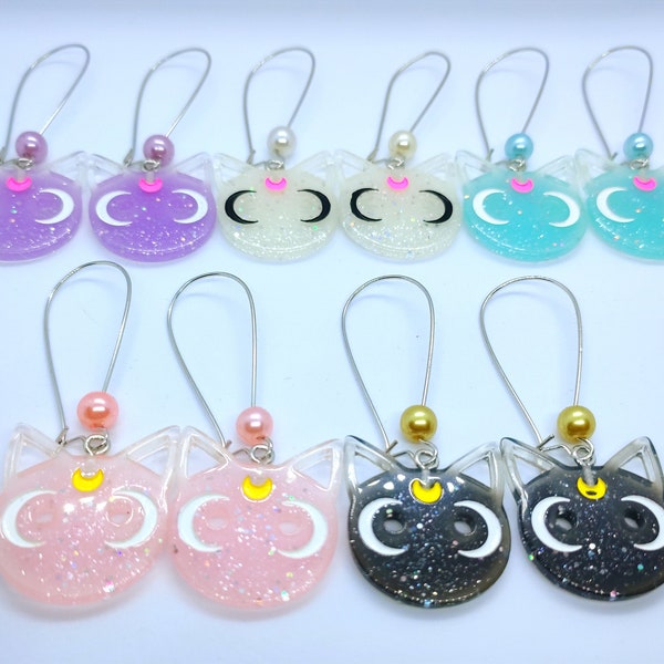 1 Paar Luna-Ohrringe von kirukiru verschiedene Farben auch für Tunnel - lila weiß mint rosa schwarz glitzer katze - sailor moon japan