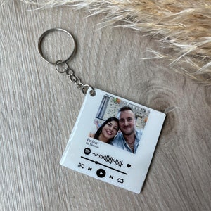 Peut inclure: Porte-clés en acrylique blanc avec une photo d'un couple et un design de lecteur de musique Spotify. Le lecteur de musique affiche la chanson "Perfect" d'Ed Sheeran.