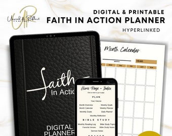 May include: A digital planner with a black leather cover and the text "Faith in Action Planner" in white. The planner is open to a page with a list of sections, including "Plan", "Bible Study", "Prayer", and "Journal". The planner is hyperlinked and has 94 pages.