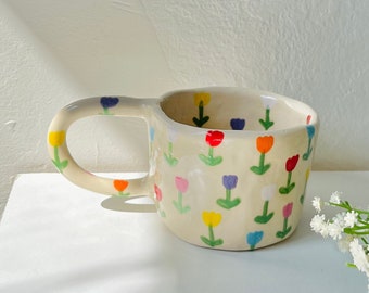 PREORDER:rainbow tulips handmade ceramic mug-handmade ceramic mug-handmade ceramic cup-handmade mug-handmade flower mug-cute handmade mug