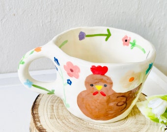 PREORDER:chickens in the garden handmade ceramic mug-handmade mug-handmade ceramic mug-handmade clay mug-flower mug-chicken mug-handmade mug