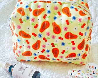 papaya and cherries handmade quilted makeup bag-makeup bag for her-cute makeup bag-toiletry bag-cosmetic bag-aesthetic makeup bag-fruit bag