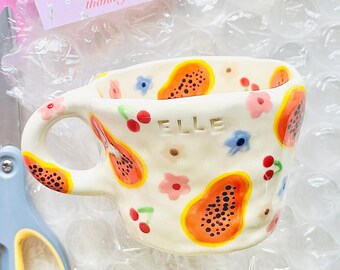 papayas and cherries handmade ceramic mug-handmade ceramic mug,fruit mug,handmade mug,cute handmade mug,cute pottery mug,mug,cute mug gift