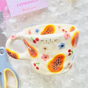 papayas and cherries handmade ceramic mug-handmade ceramic mug,fruit mug,handmade mug,cute handmade mug,cute pottery mug,mug,cute mug gift